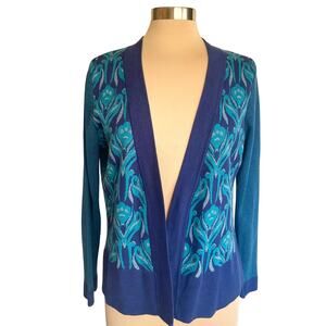 Coldwater Creek Silk Cotton Cardigan Womens L / 14 Open Front Blue Swirl Pattern